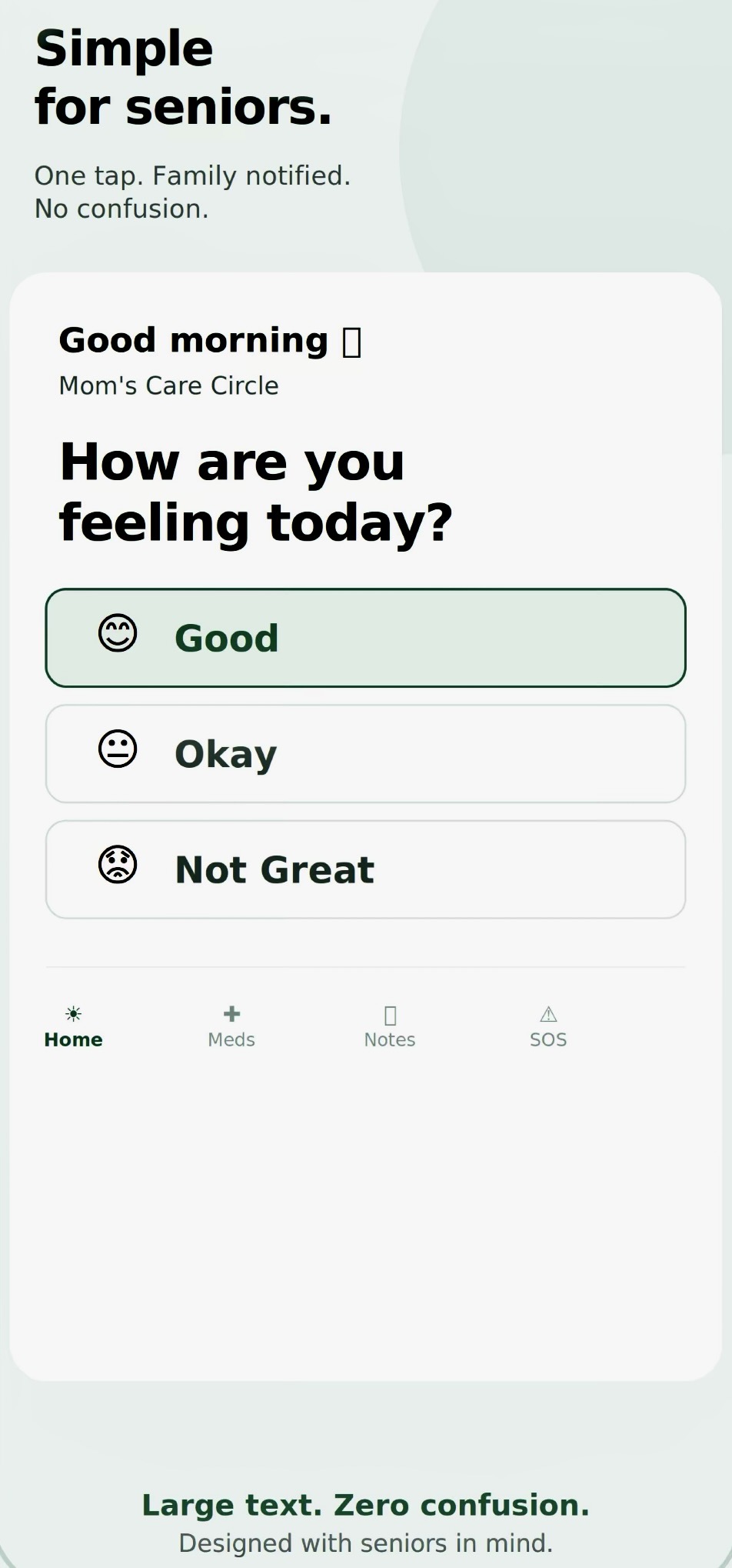 Senior check-in screen asking how they're feeling today, with large Good, Okay, Not Great buttons