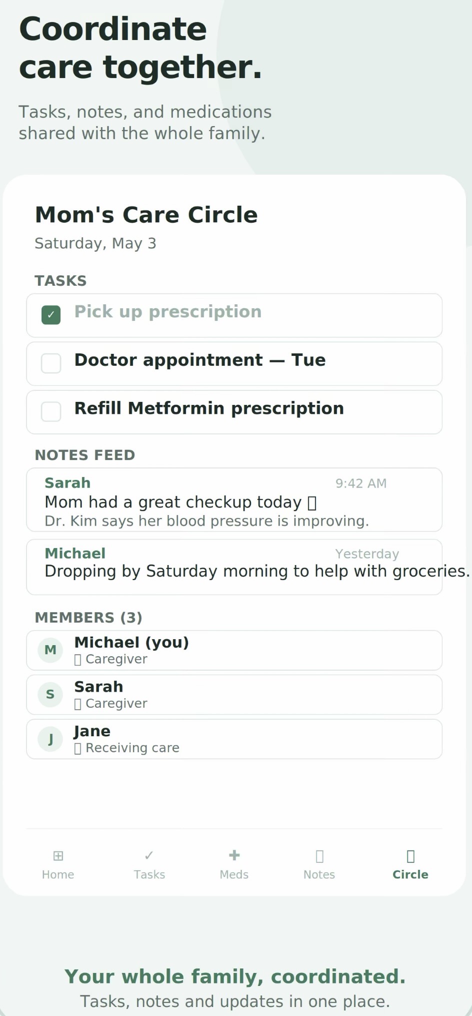 Care circle screen showing shared tasks, a family notes feed, and circle members