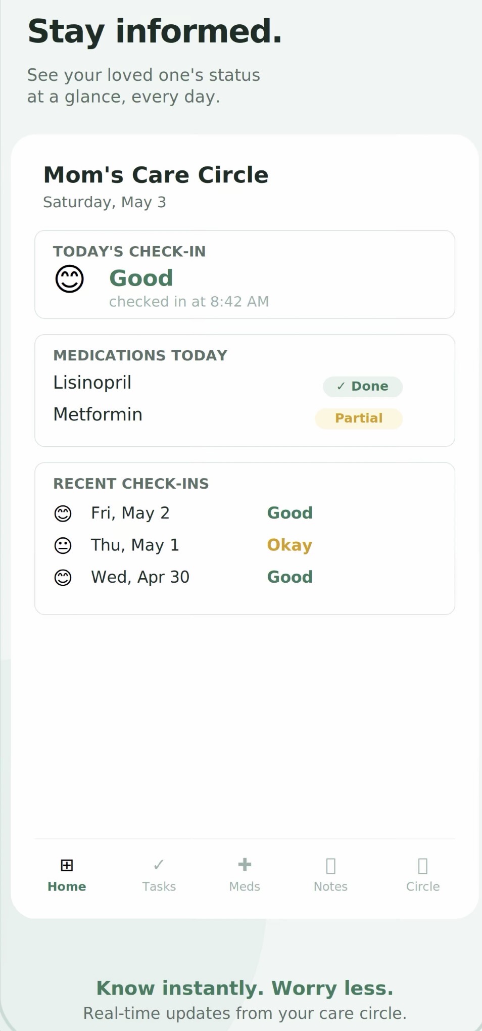 CareCircle dashboard showing today's check-in, medications, and recent history